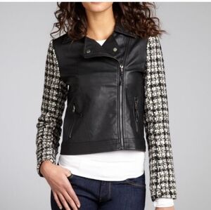 Romeo & Juliet Couture black faux leather & wool-blend tweed motorcycle jacket!!
